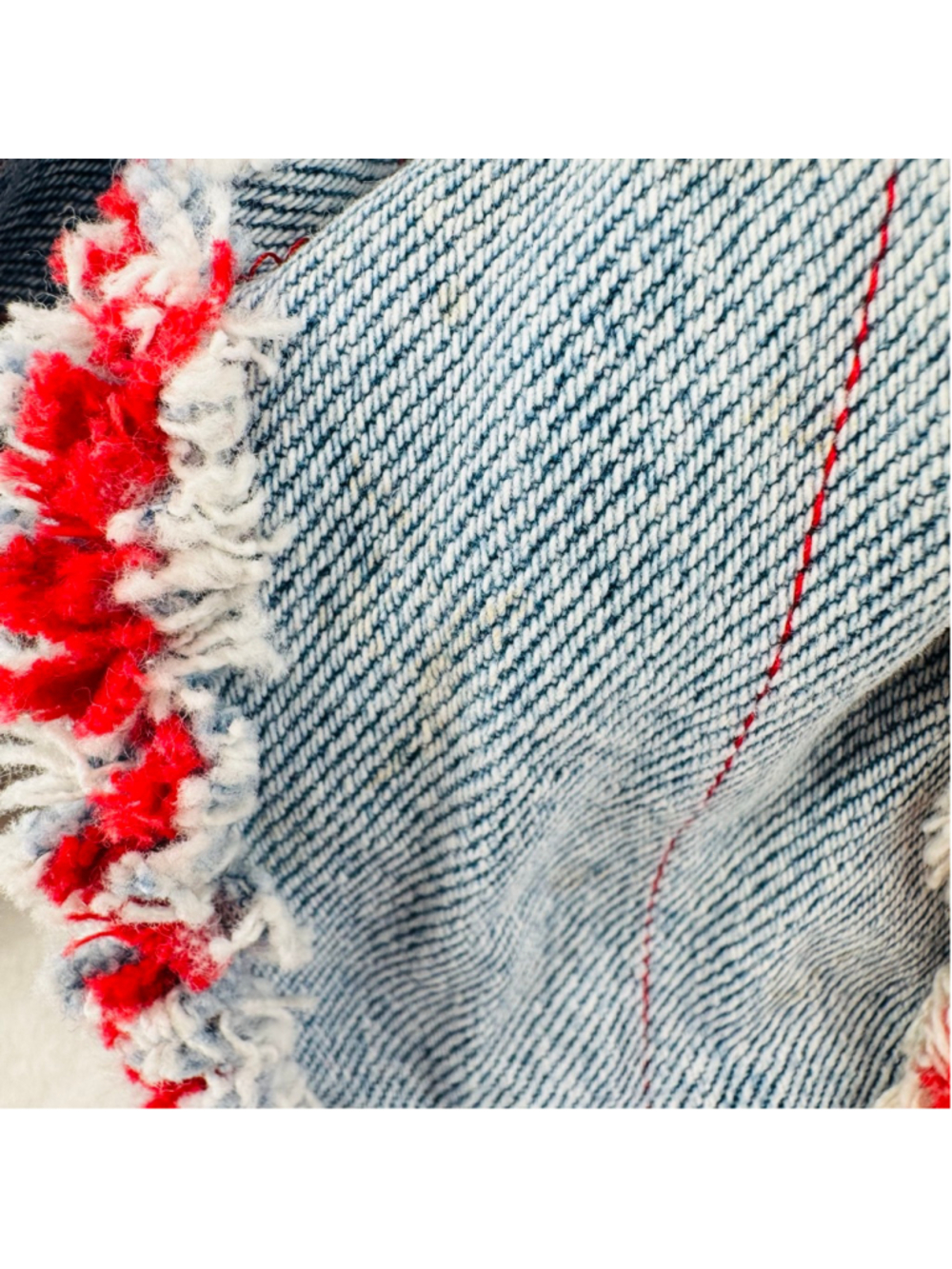 Vintage Heavy Denim Patchwork Jacket Red Lined Raw Fringe Seams Handmade READ - Picture 8 of 11